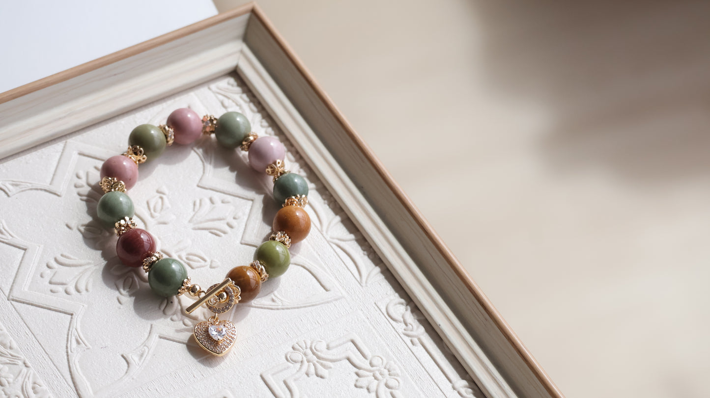 *Instocks* Alashan Agate with Sparkly Heart & OT Clasp Crystal Bracelet (Elastic)