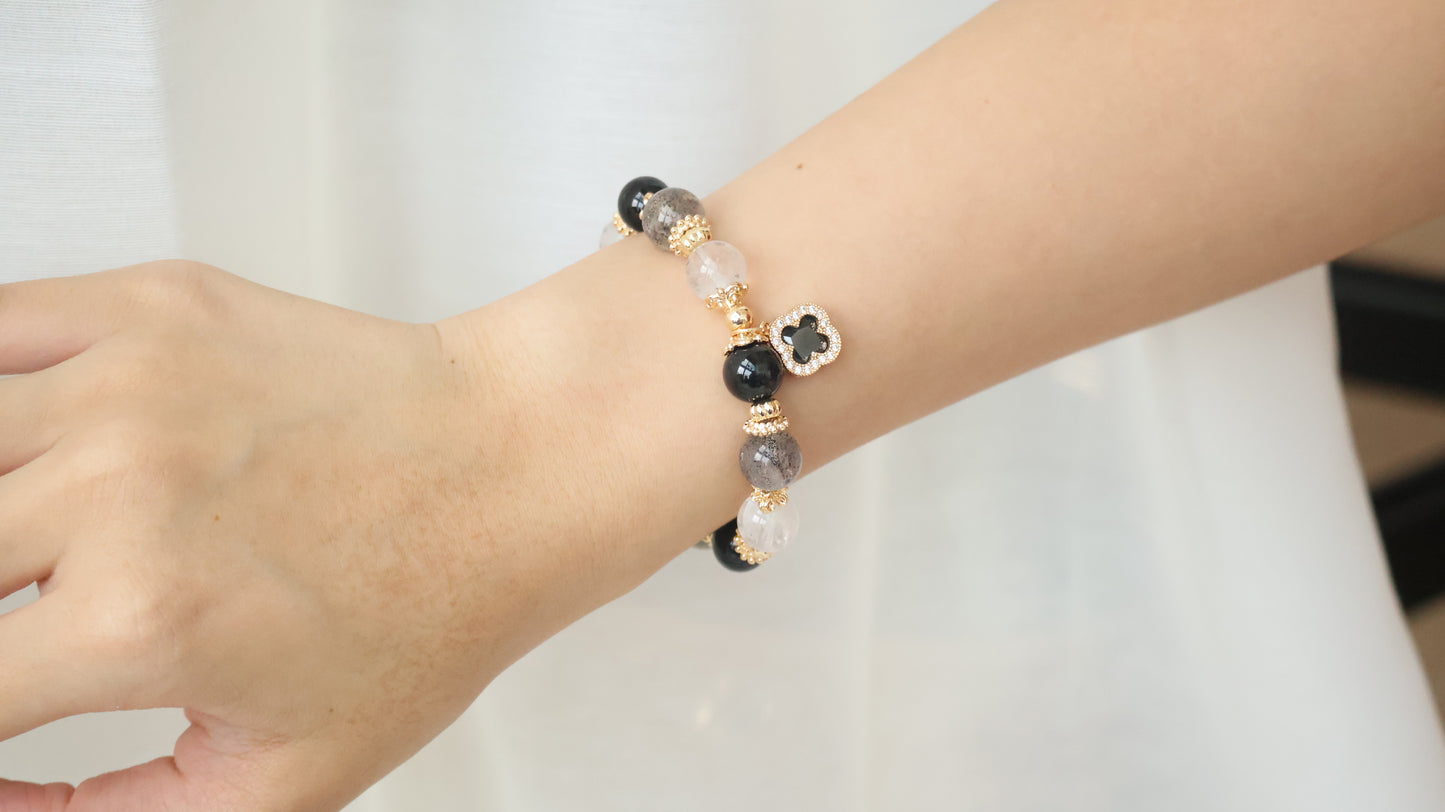 *Backorder* Cordelia Twin - Black Strawberry Quartz, Black Tourmaline & Herkimer Diamond with Sparkly Black Clover Crystal Bracelet (Elastic)