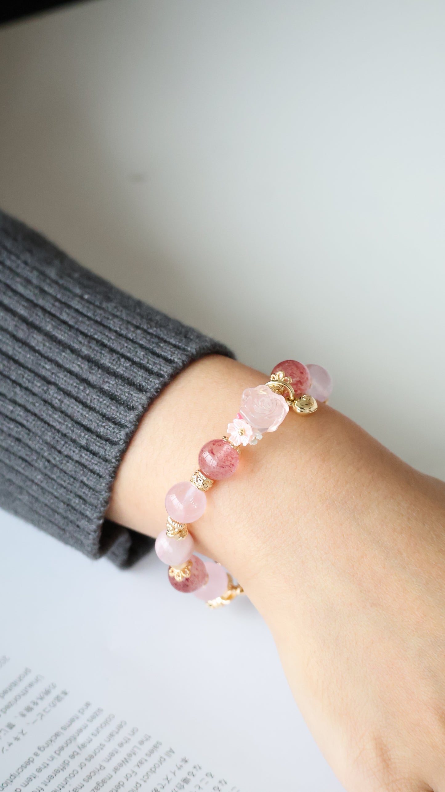*Backorder* Rosie - Strawberry Quartz, Pink Purple Emerald Mica & Rose Quartz with Rose Quartz Rose & Bouquet Crystal Bracelet (OT Clasp)