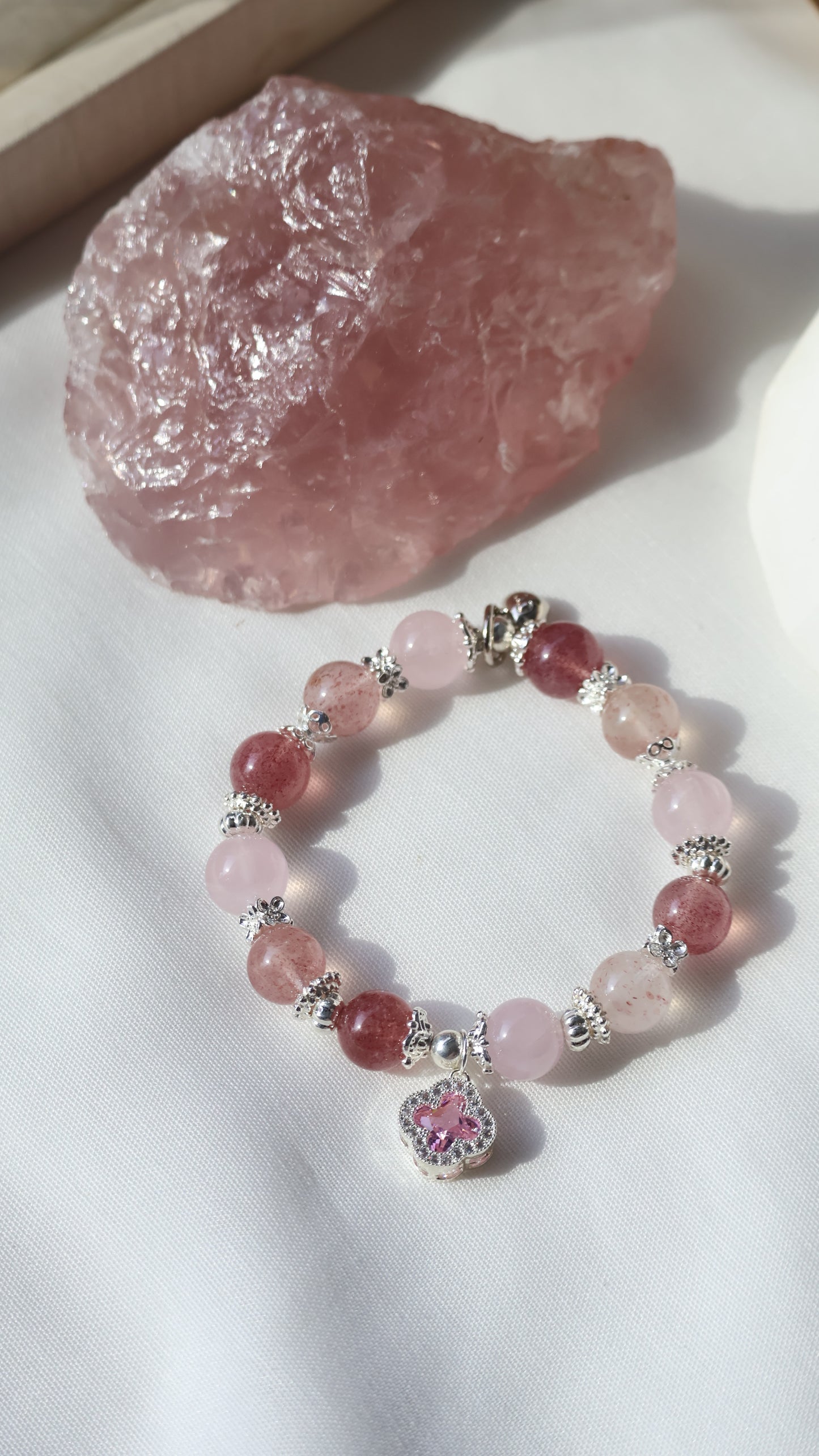 *Backorder* Cordelia Twin - Strawberry Quartz & Rose Quartz with Sparkly Pink Clover Crystal Bracelet (Elastic)