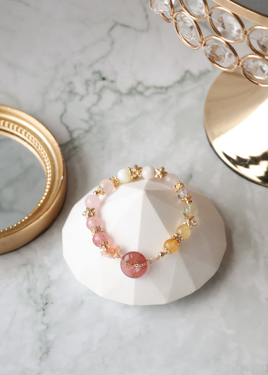 *Instocks* Strawberry Quartz Ping An Kou 平安扣 Duobao Crystal Bracelet (Elastic)