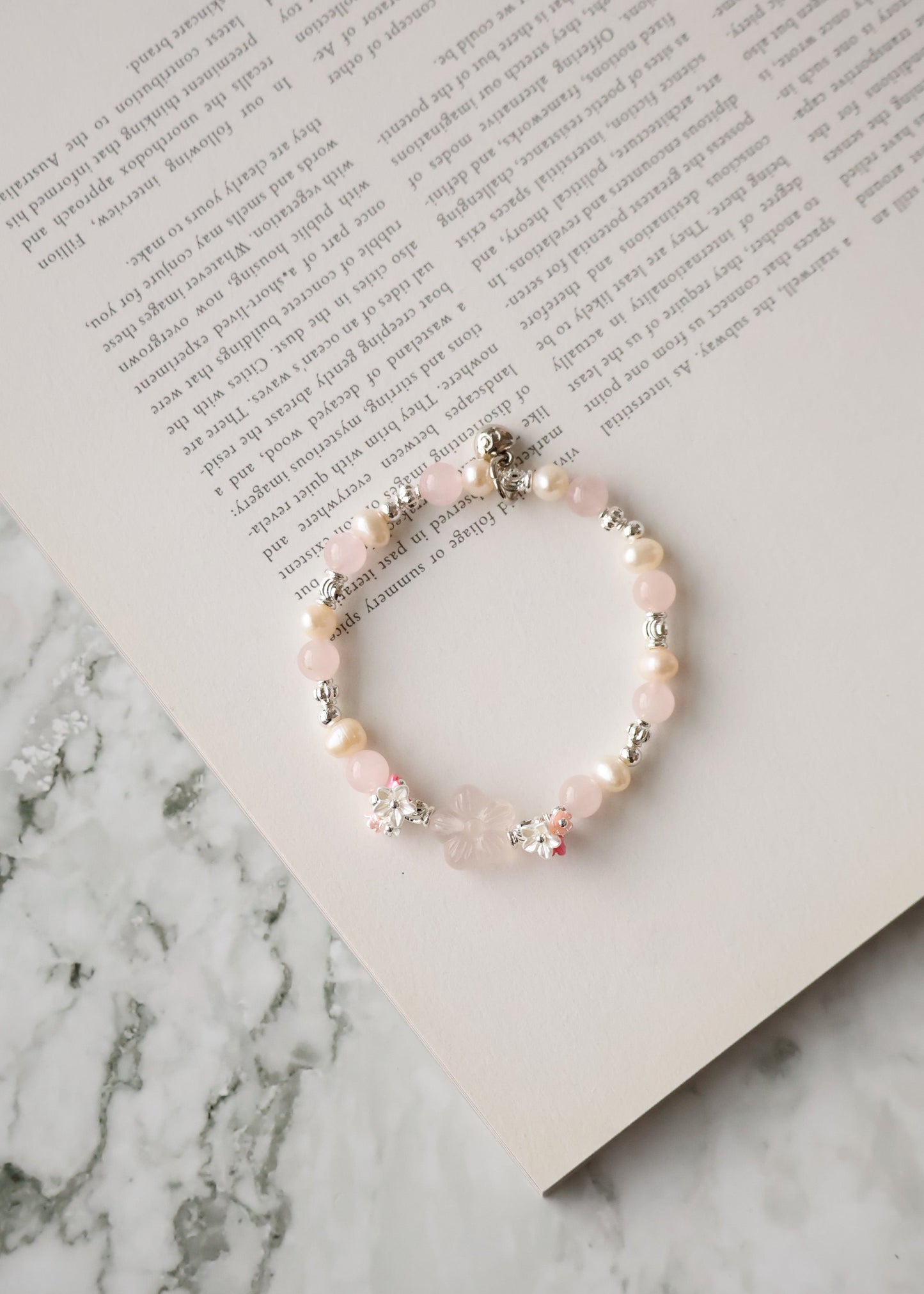 *Instocks* Sakura Flower - Rose Quartz & Freshwater Pearls with Double Bouquet Crystal Bracelet (Elastic)