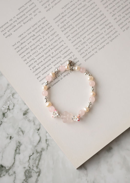 *Instocks* Sakura Flower - Rose Quartz & Freshwater Pearls with Double Bouquet Crystal Bracelet (Elastic)