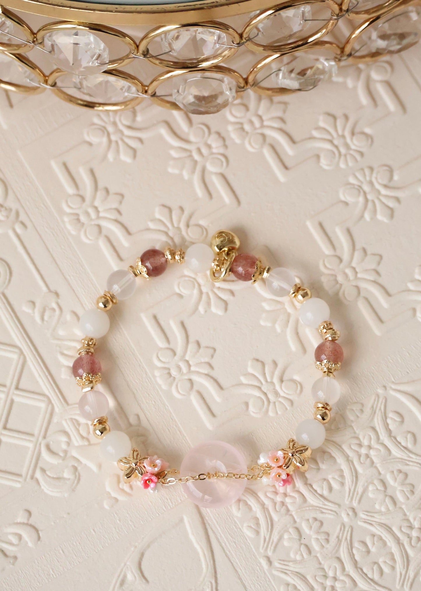 *Backorder* Rose Quartz Ping An Kou 平安扣 - Strawberry Quartz, Rose Quartz & Moonstone with Double Bouquet Crystal Bracelet (Elastic)