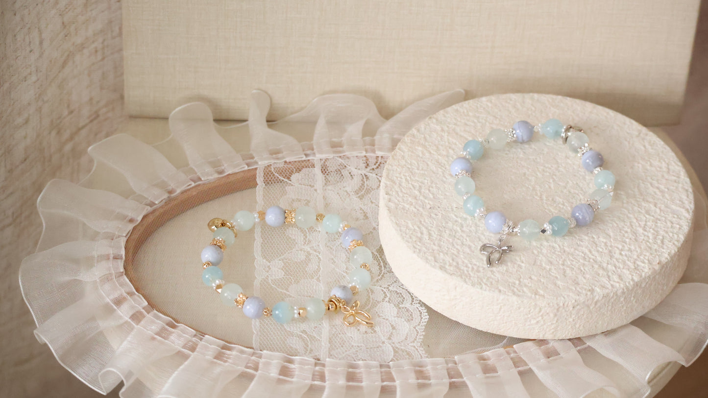 *Backorder* Musa - Blue Lace Agate, Aquamarine & Milky Aquamarine with Bow Crystal Bracelet (Elastic)
