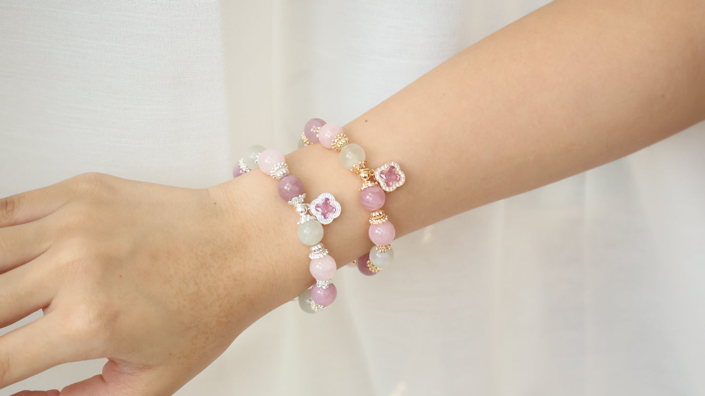 *Backorder* Cordelia Twin - Lavender Rose Quartz, Rose Quartz & White Flash Moonstone with Sparkly Pink Clover Crystal Bracelet (Elastic)