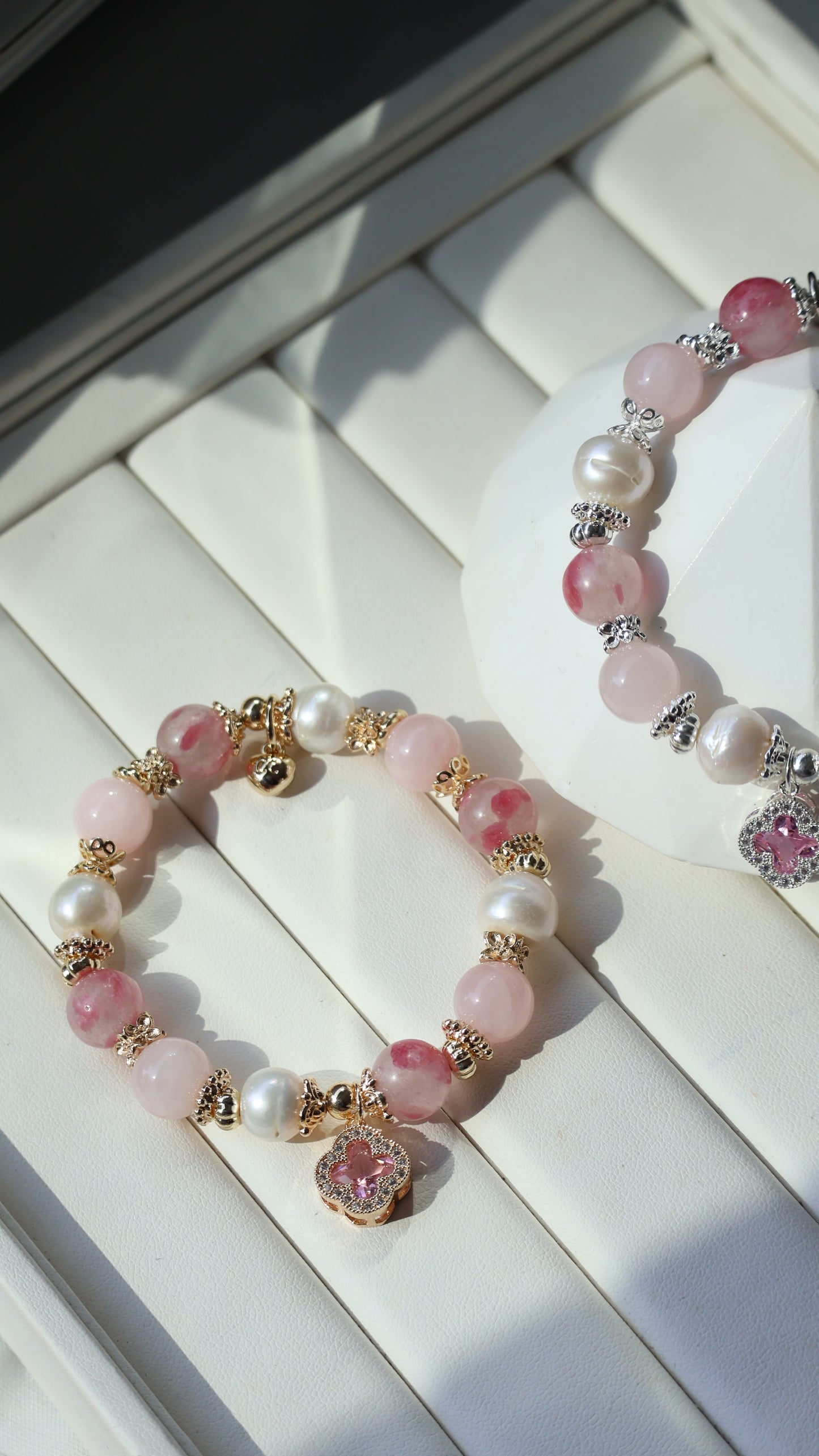 *Backorder* Cordelia Twin - Sakura Rhodonite, Rose Quartz & Freshwater Pearl with Sparkly Pink Clover Crystal Bracelet (Elastic)