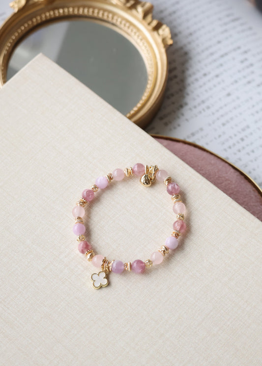 *Instocks* Mini Clover Stacker - Pink Purple Emerald Mica, Kunzite & Rose Quartz Crystal Bracelet (Elastic)