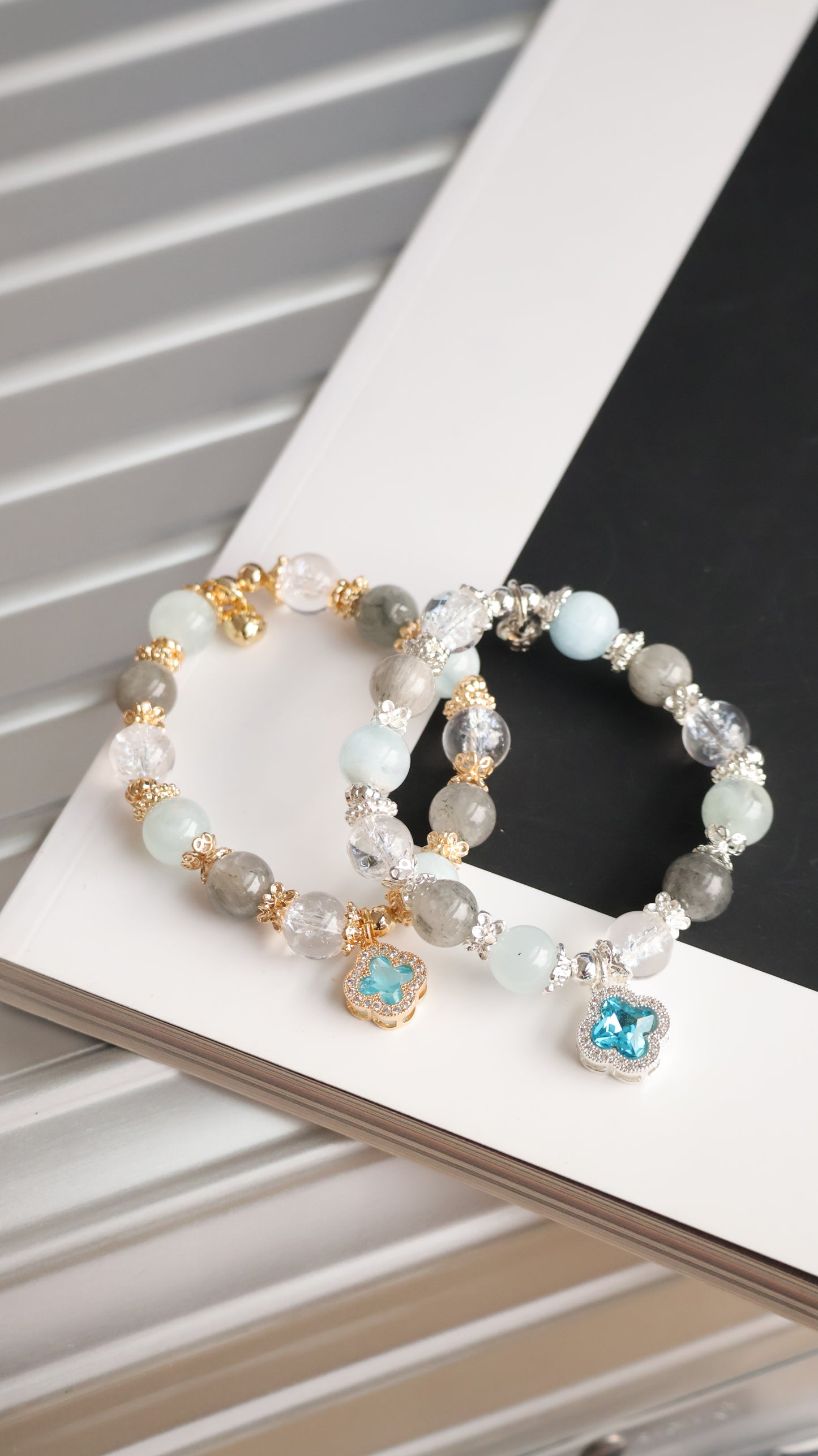 *Instocks* Cordelia Twin - Milky Aquamarine, Grey Rabbit Hair & Crackled Clear Quartz with Sparkly Blue Clover Crystal Bracelet (Elastic)