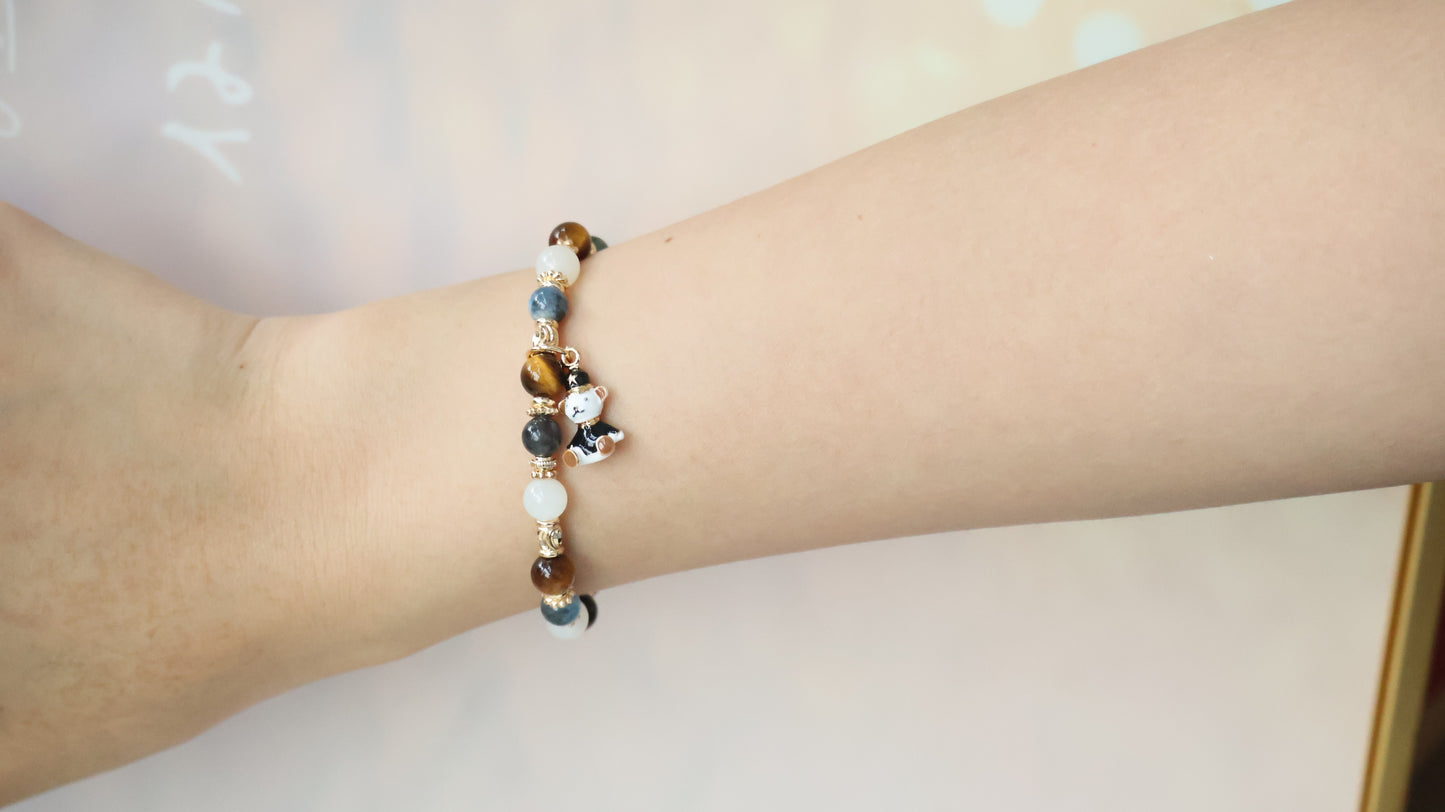 *Backorder* 6mm Polo RL - Devil Blue Aquamarine, Tiger's Eye & White Flash Moonstone with Bear Crystal Bracelet (Elastic)