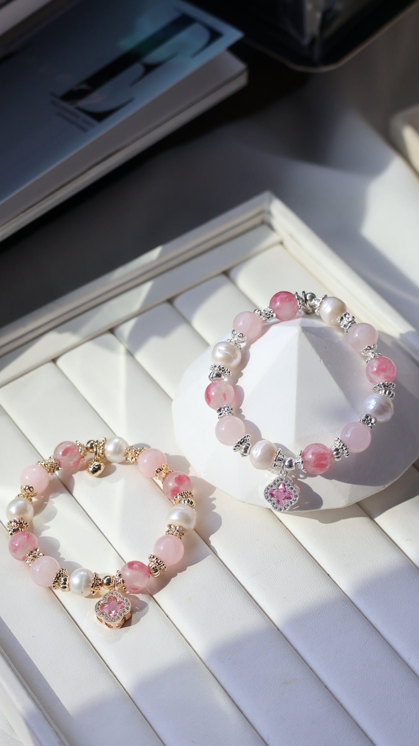 *Backorder* Cordelia Twin - Sakura Rhodonite, Rose Quartz & Freshwater Pearl with Sparkly Pink Clover Crystal Bracelet (Elastic)