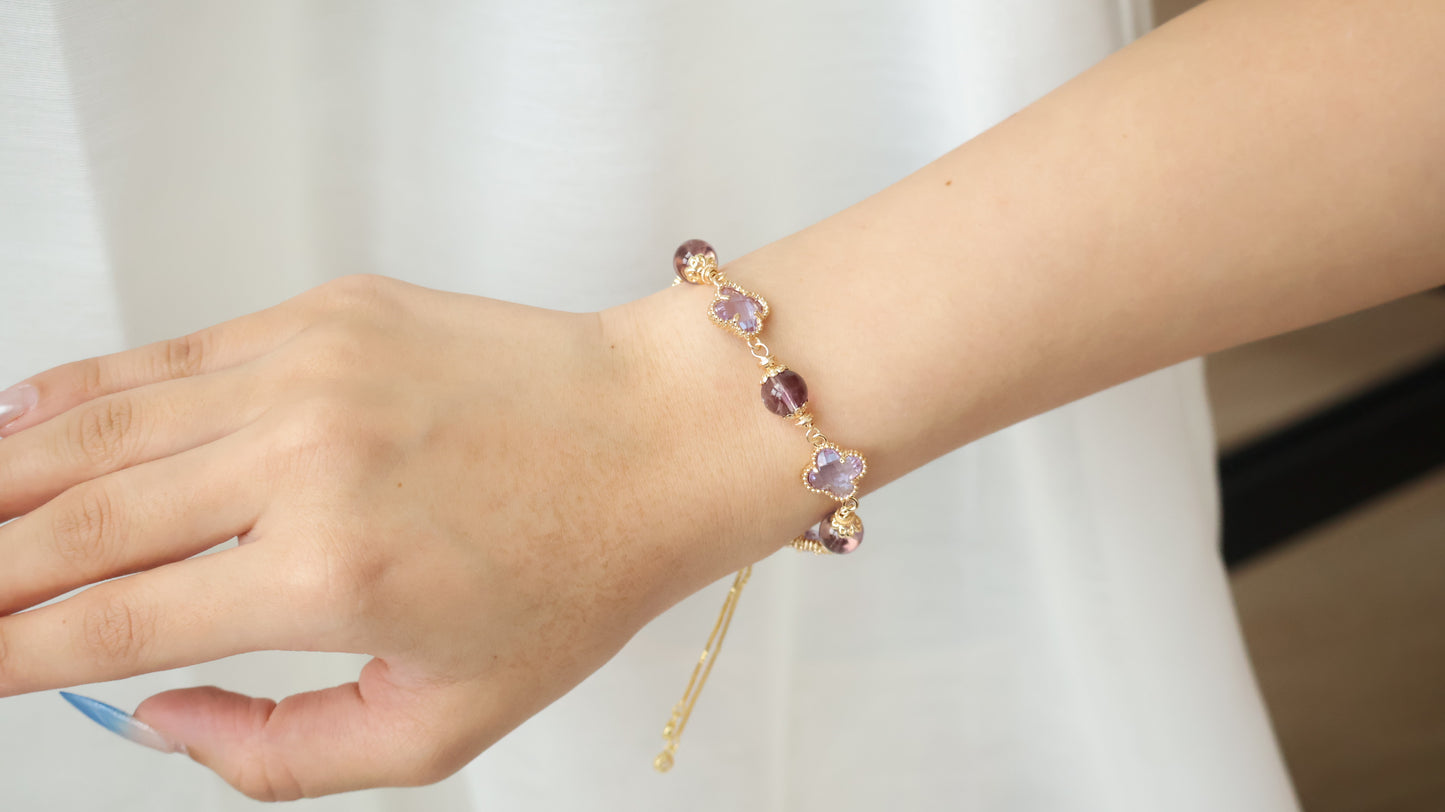 *Backorder* Cloverfull V2 - Rose Quartz/Amethyst/Honey Citrine Crystal Bracelet (Push pull)