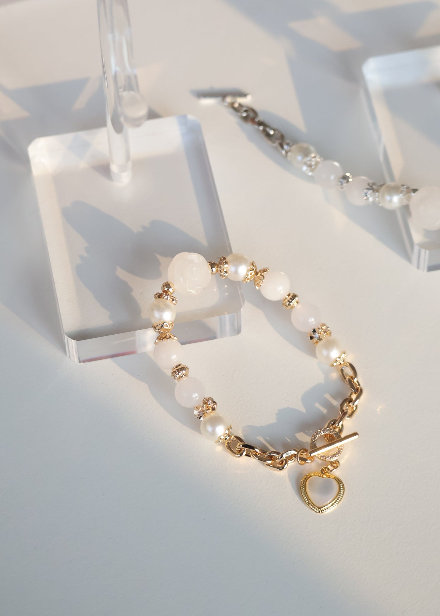 *Instocks* White Jadeite & White Agate with White Jadeite Rose, Chain & OT Clasp and MOP Heart Crystal Bracelet (Elastic)