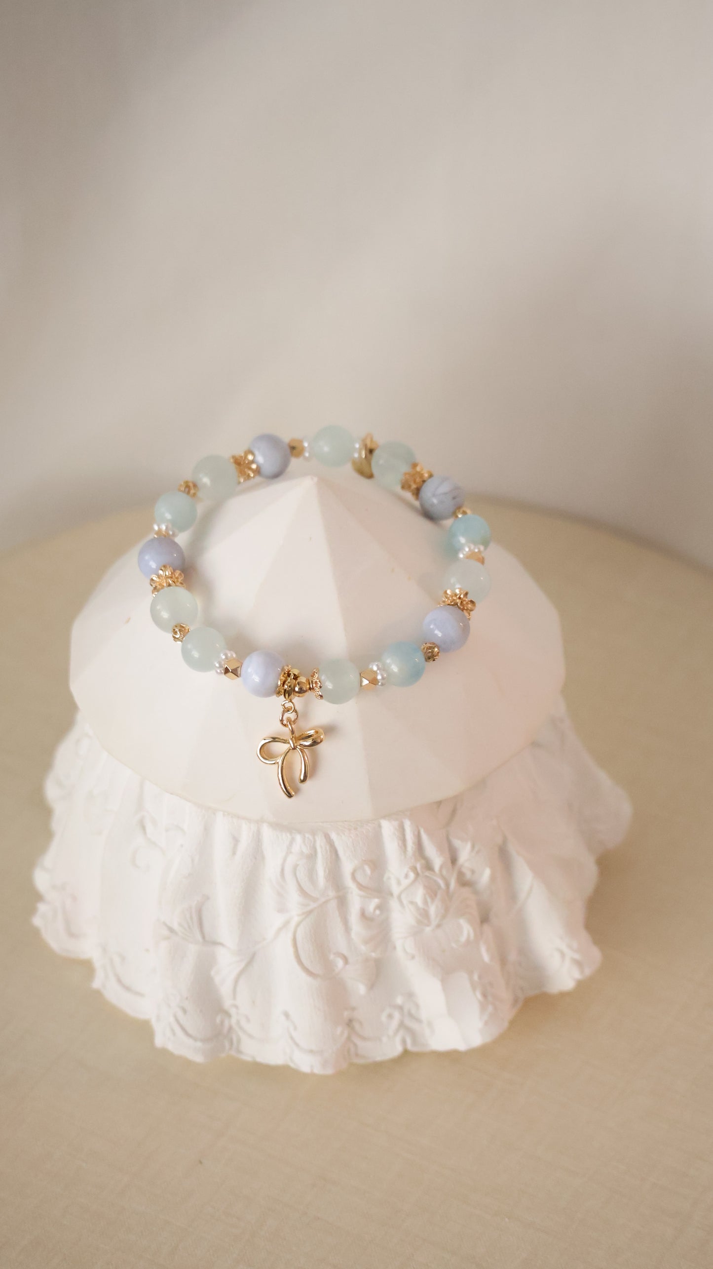 *Backorder* Musa - Blue Lace Agate, Aquamarine & Milky Aquamarine with Bow Crystal Bracelet (Elastic)