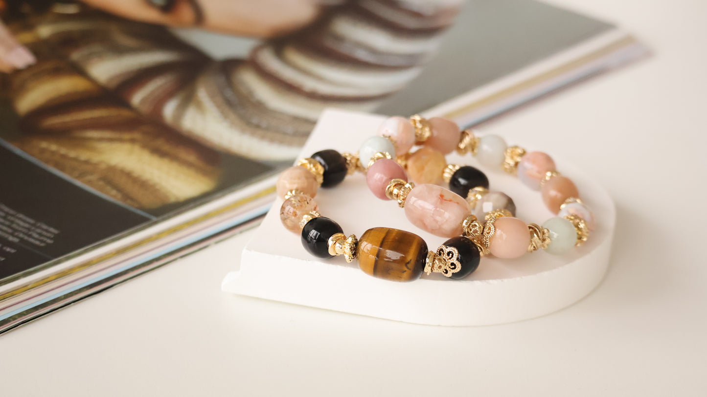 *Instocks* Rich Slushie - Tiger's Eye Barrel Freeform, Drum Silver Sheen Obsidian, Black Gold Super 7 & Faceted Fossilized Coral Jade Crystal Bracelet (Elastic)