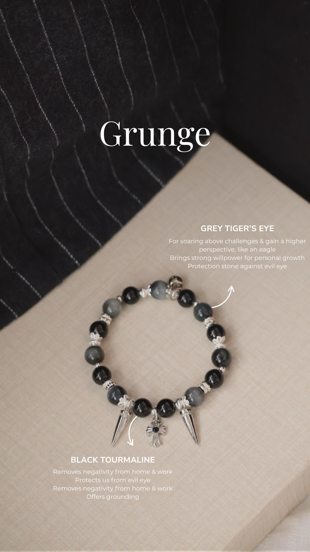 *Backorder* Grunge - Grey Tiger's Eye & Black Tourmaline with Spikes & Cross Crystal Bracelet (Elastic)