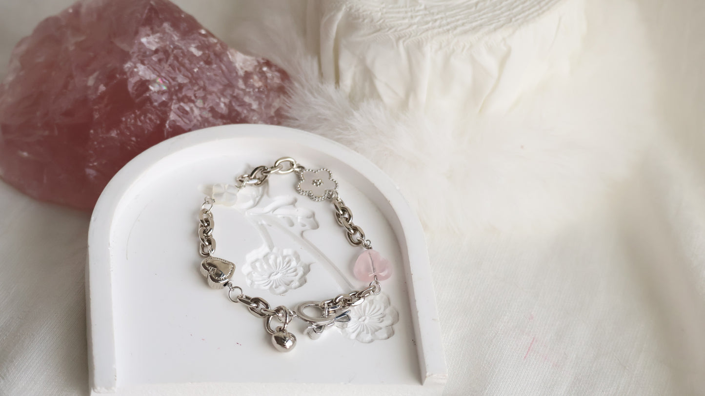 *Backorder* Celine - Chain with Snow Garden Rose Quartz Heart, MOP Clover & Flower Crystal Bracelet (OT Clasp) 2.0