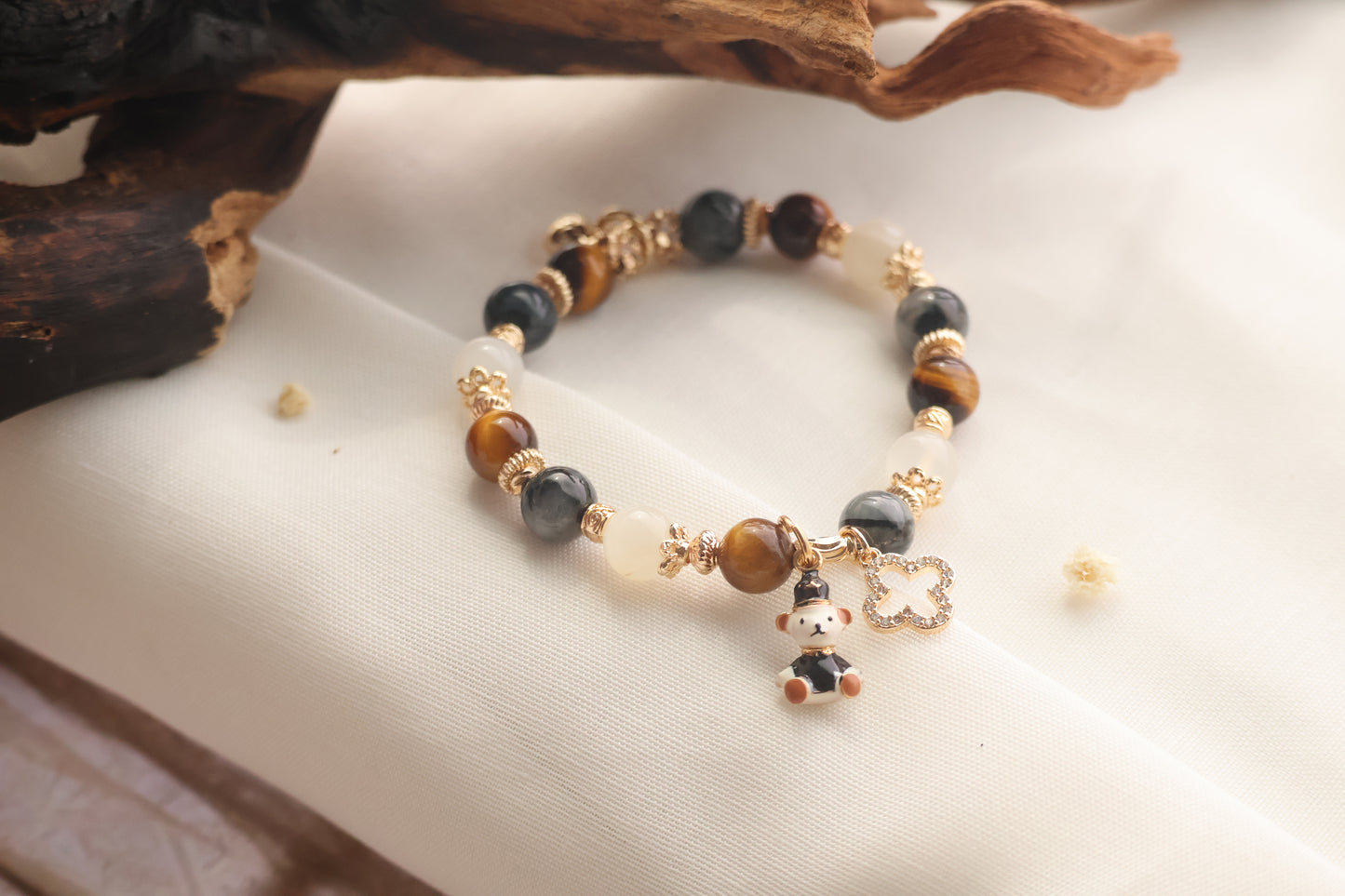 *Instocks* 6mm/8mm/10mm Polo RL - Pietersite, Tiger's Eye & Moonstone with Bear & Clover Crystal Bracelet (Elastic)