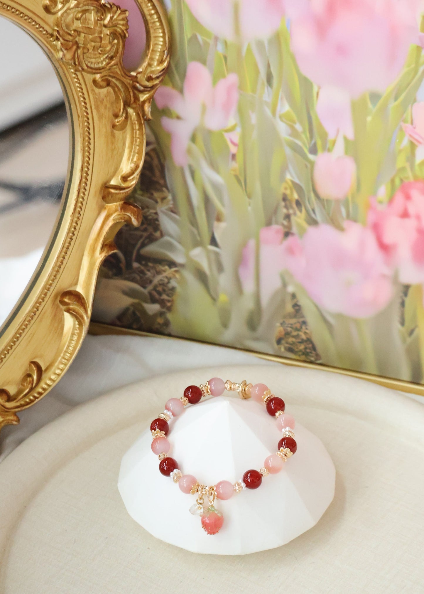 *Backorder* Bloom - Carnelian & Yan Yuan Agate with Bejeweled Strawberry Crystal Bracelet (Elastic)