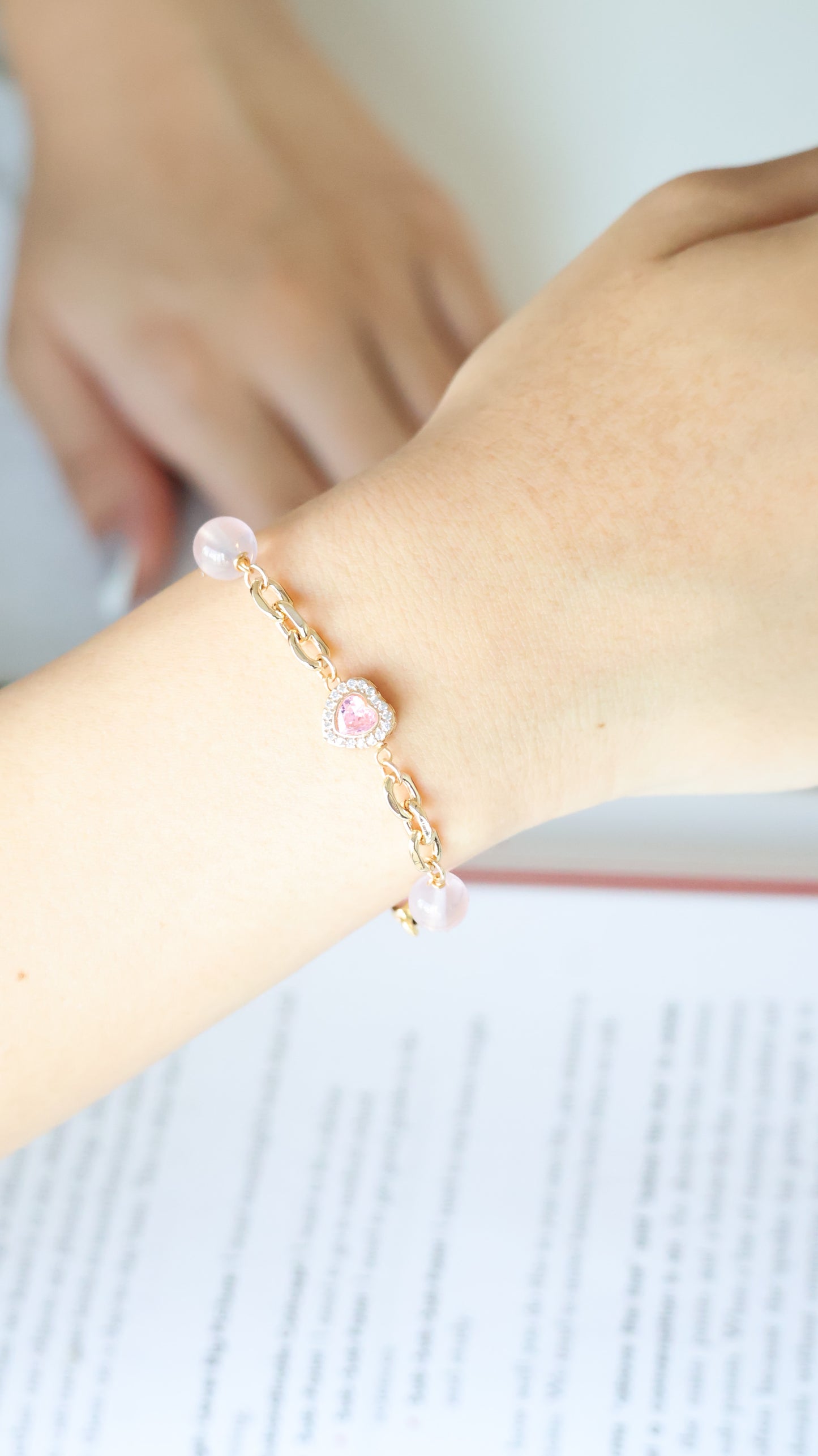 *Backorder* Delina - Chain with Rose Quartz, Pink Heart & Pink Gemstones Crystal Bracelet (OT Clasp)