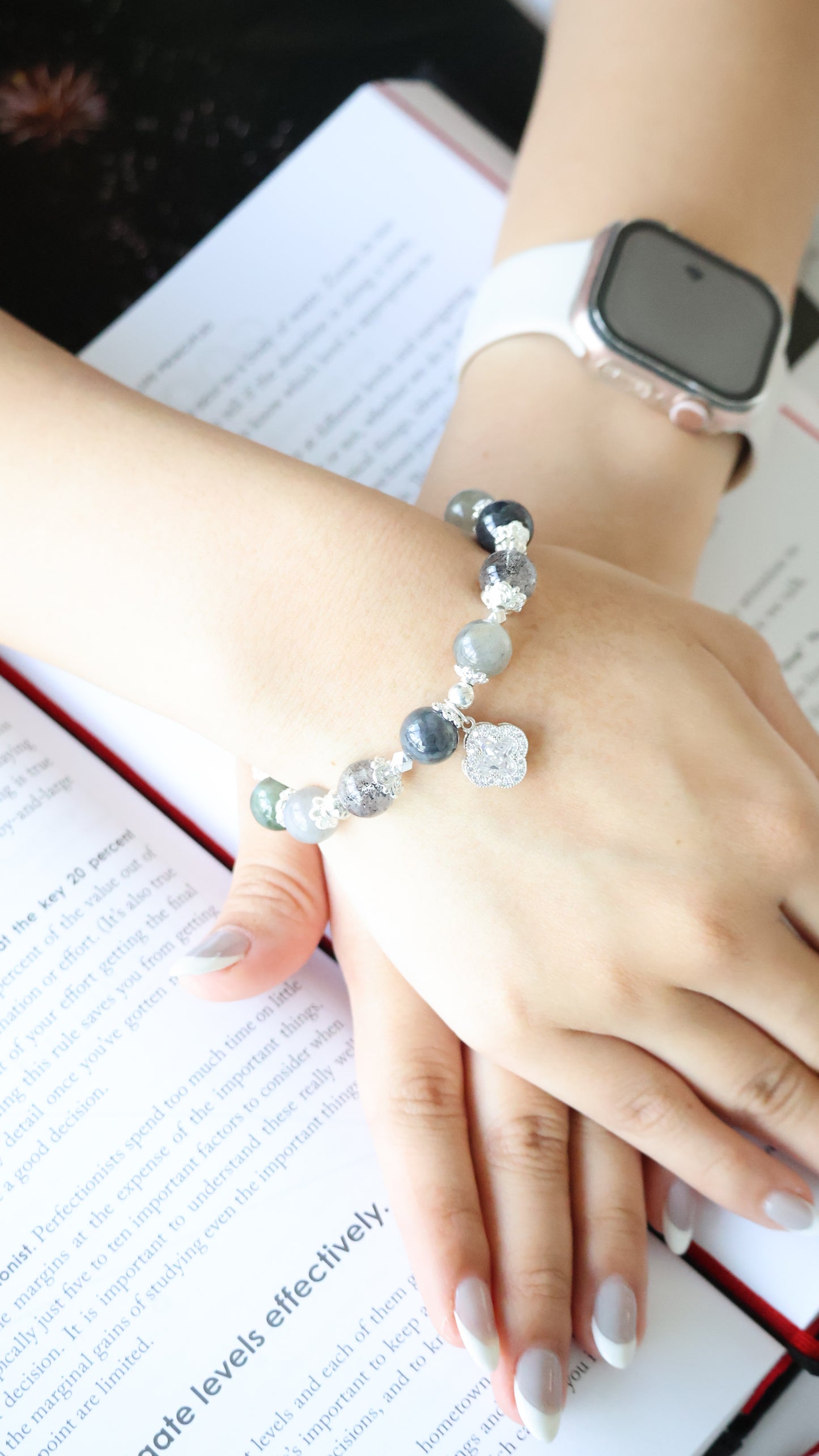 *Backorder* Cordelia Twin - Wuji Jadeite, Labradorite & Black Strawberry Quartz with Sparkly Clover Crystal Bracelet (Elastic)