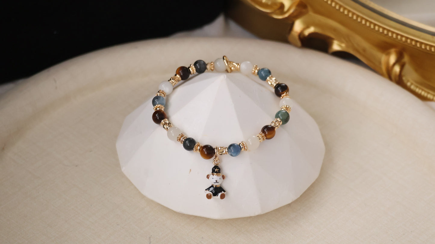 *Backorder* 6mm Polo RL - Devil Blue Aquamarine, Tiger's Eye & White Flash Moonstone with Bear Crystal Bracelet (Elastic)