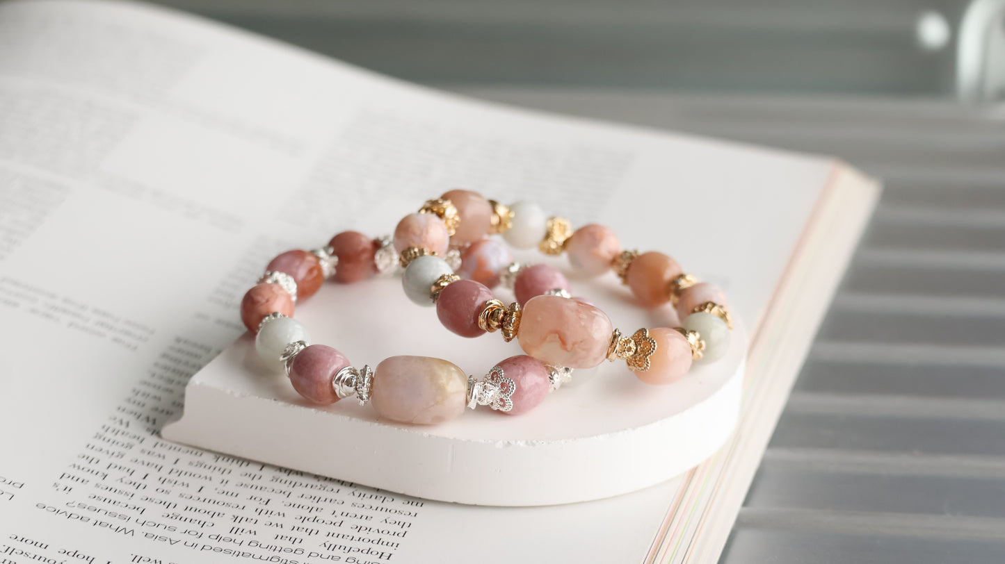 *Instocks* OG Slushie - Flower Agate Barrel Freeform, Light Green Jadeite, Flower Agate & Drum Pastel Yan Yuan Agate Crystal Bracelet (Elastic)