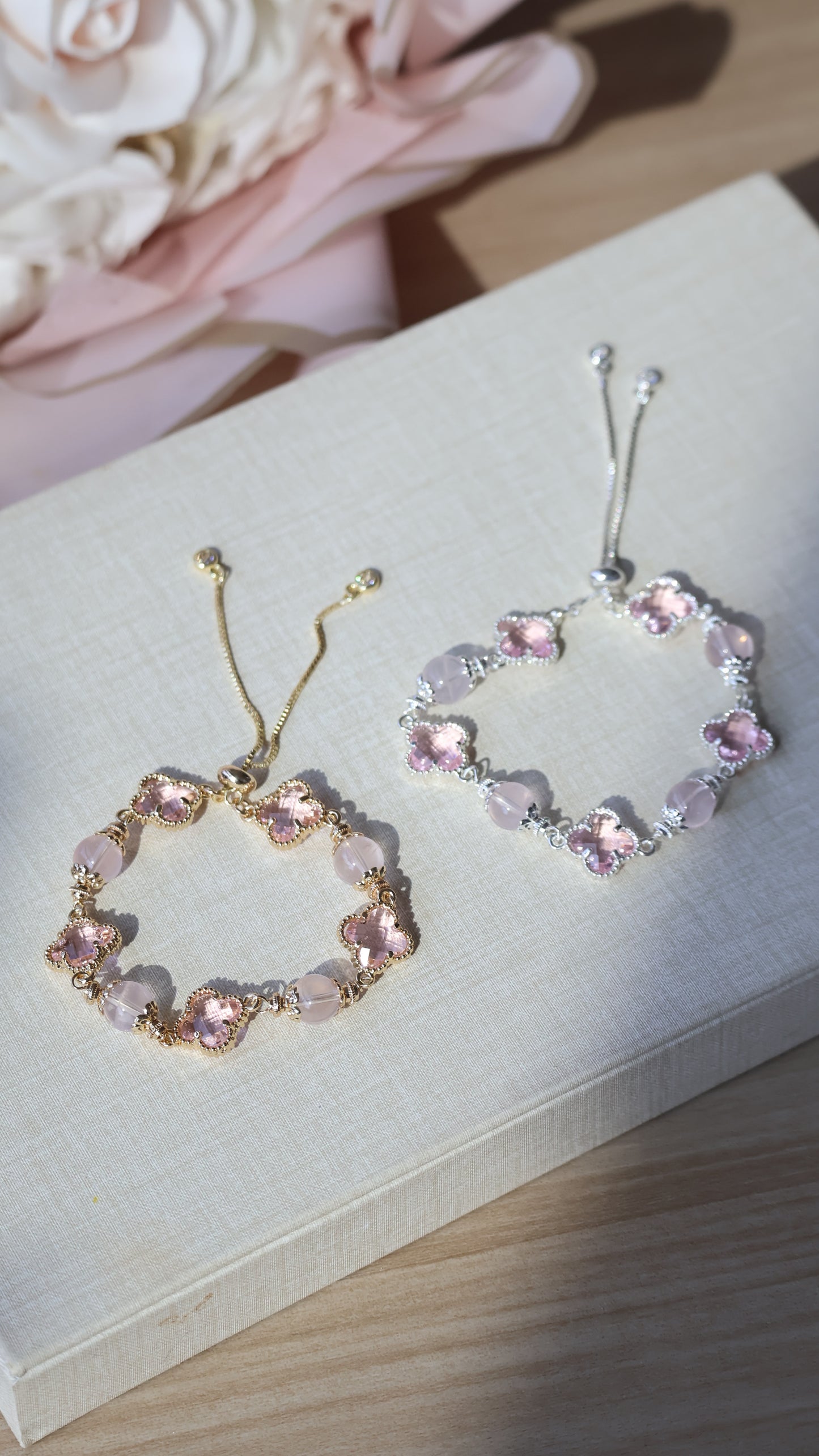 *Backorder* Cloverfull V2 - Rose Quartz/Amethyst/Honey Citrine Crystal Bracelet (Push pull)