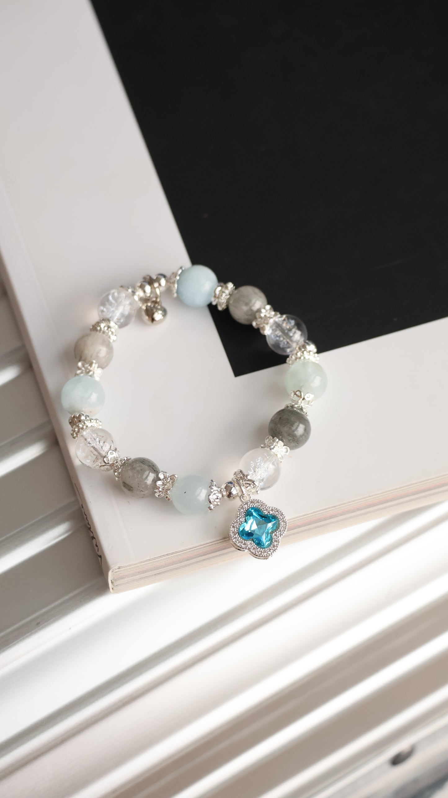 *Instocks* Cordelia Twin - Milky Aquamarine, Grey Rabbit Hair & Crackled Clear Quartz with Sparkly Blue Clover Crystal Bracelet (Elastic)