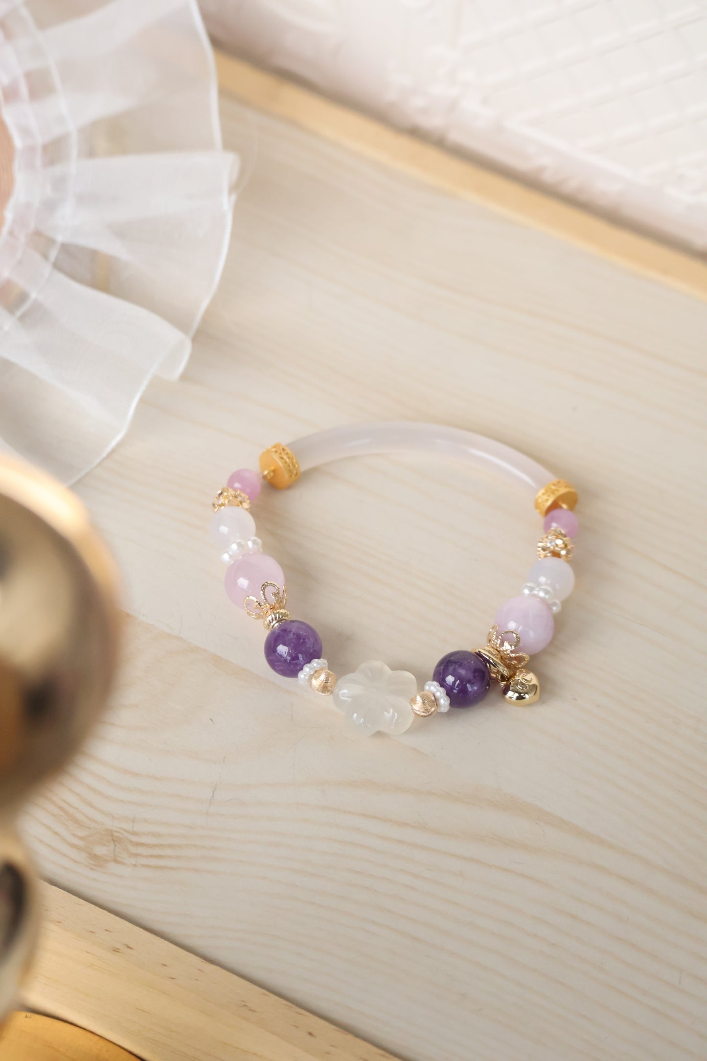 *Instocks* Amethyst, Kunzite & White Agate with Sakura Flower & White Agate Bangle Crystal Bracelet (Elastic)