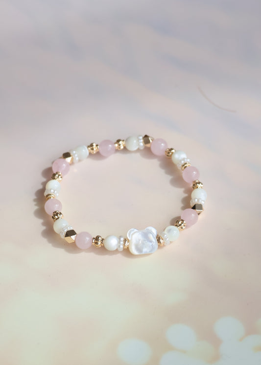 *Instocks* Rose Quartz & White Conch with White Conch Bear Crystal Bracelet (Elastic)