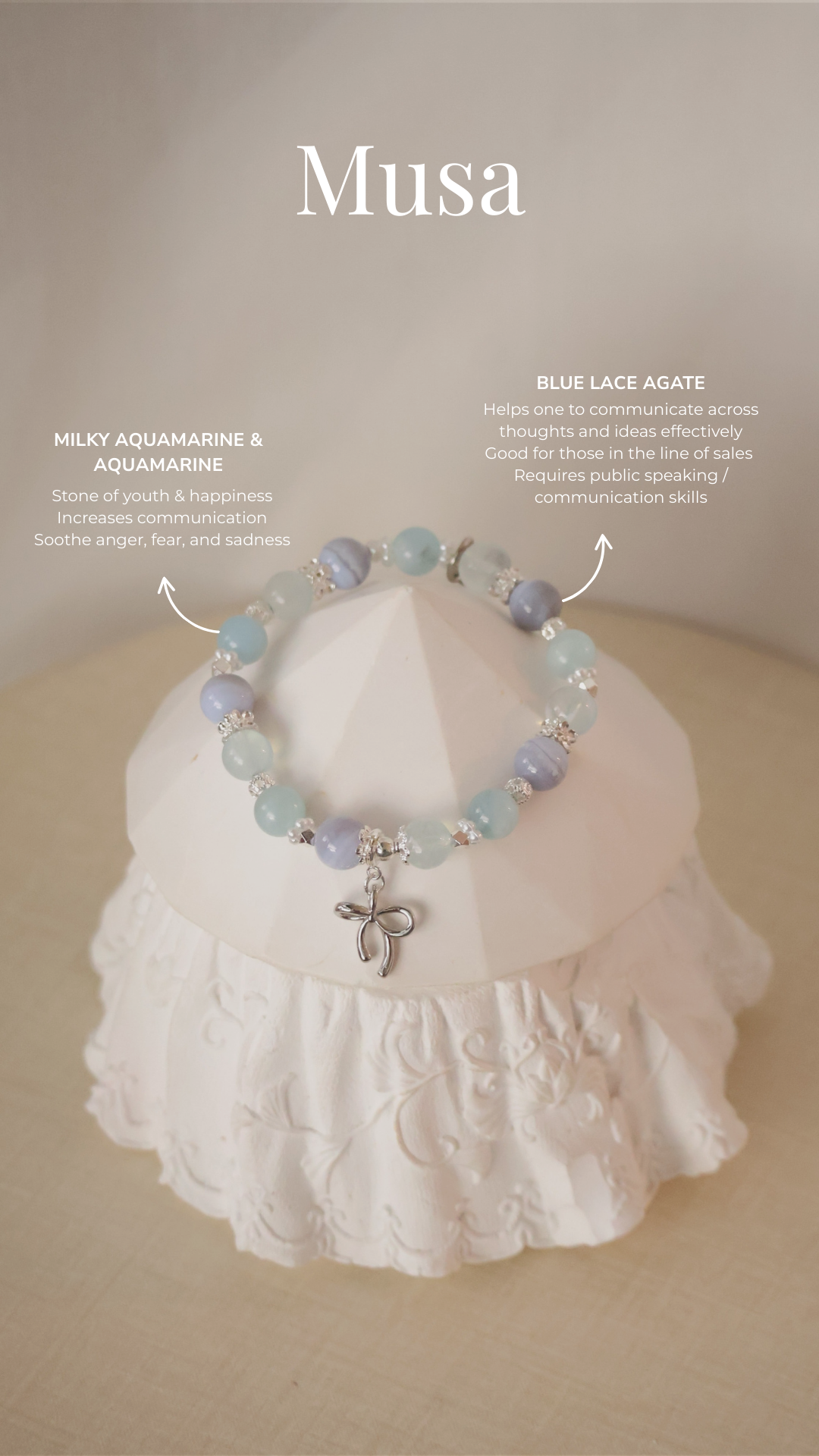 *Backorder* Musa - Blue Lace Agate, Aquamarine & Milky Aquamarine with Bow Crystal Bracelet (Elastic)