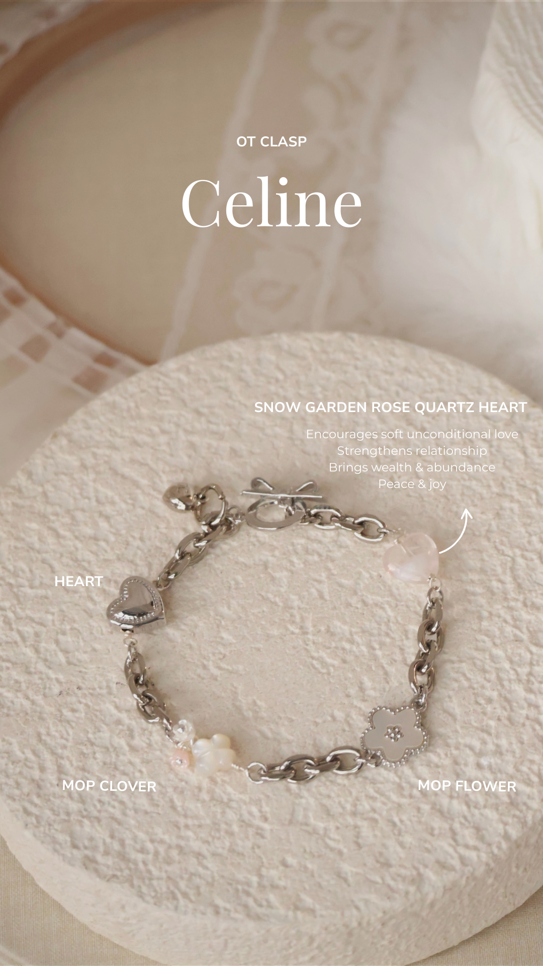 *Backorder* Celine - Chain with Snow Garden Rose Quartz Heart, MOP Clover & Flower Crystal Bracelet (OT Clasp) 2.0