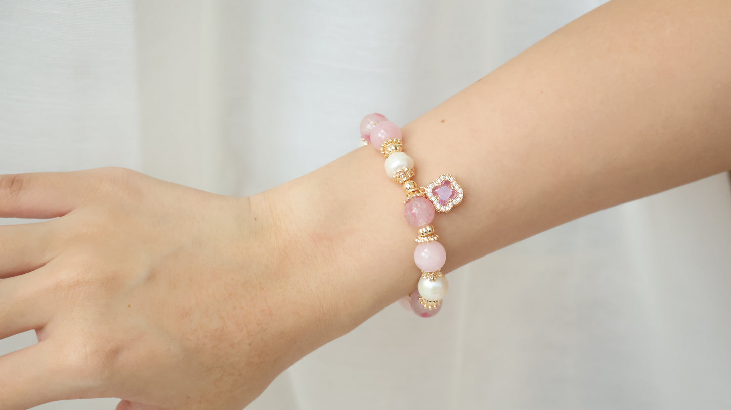 *Backorder* Cordelia Twin - Sakura Rhodonite, Rose Quartz & Freshwater Pearl with Sparkly Pink Clover Crystal Bracelet (Elastic)