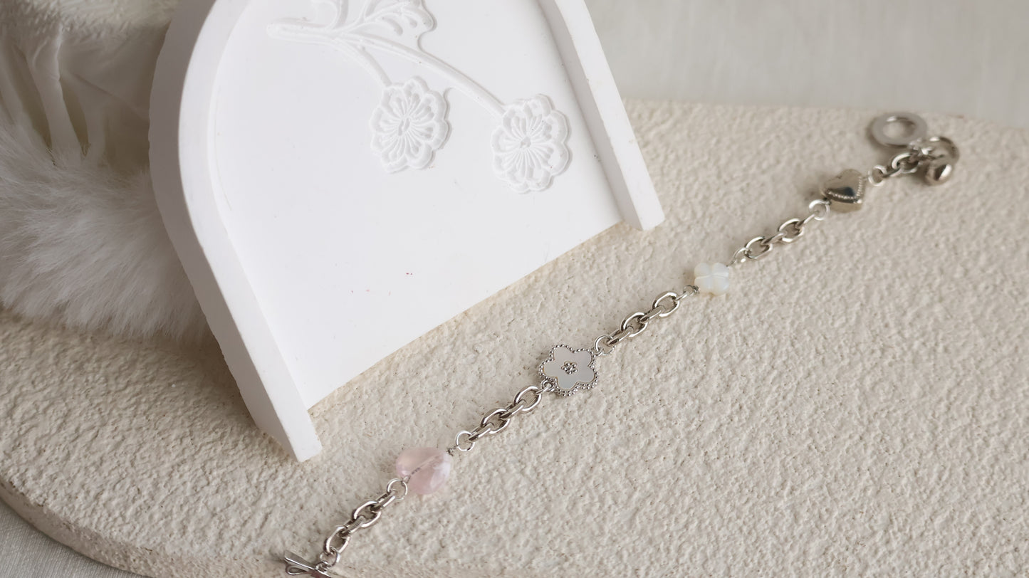 *Backorder* Celine - Chain with Snow Garden Rose Quartz Heart, MOP Clover & Flower Crystal Bracelet (OT Clasp) 2.0