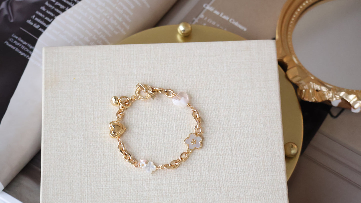 *Instocks* Celine - Chain with Snow Garden Rose Quartz Heart, MOP Clover & MOP Flower Crystal Bracelet (OT Clasp)