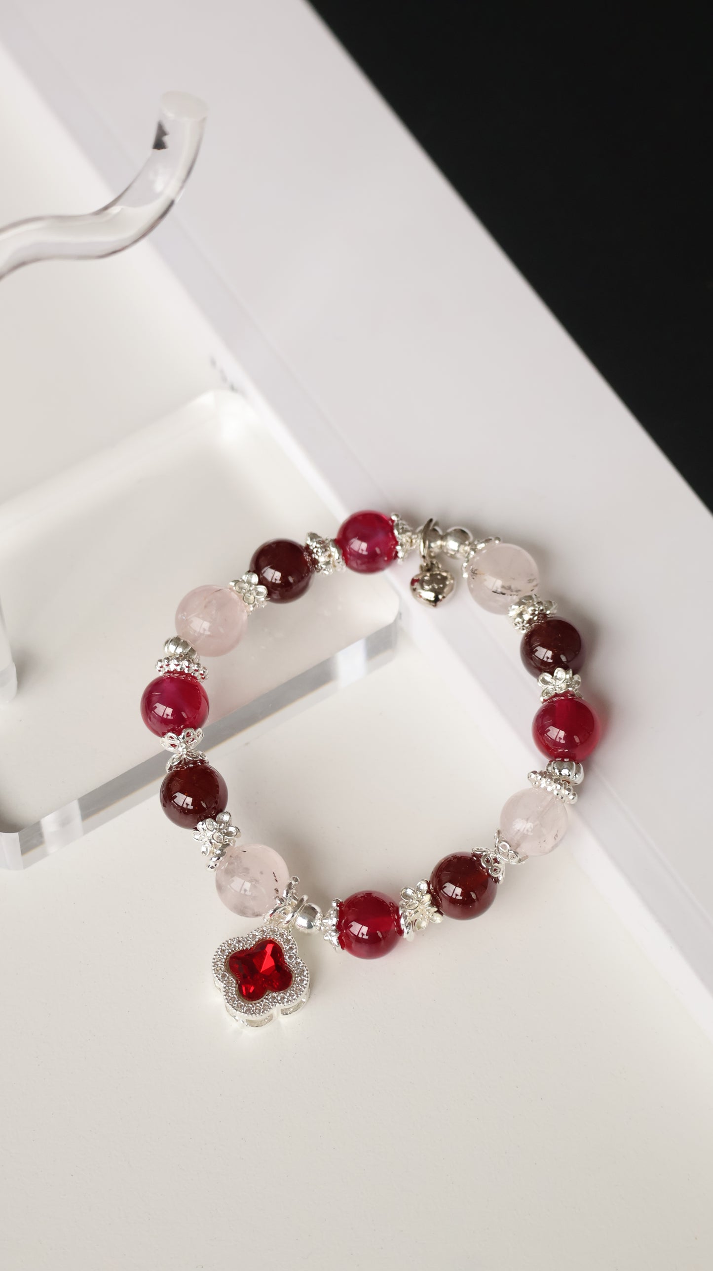 *Instocks* Cordelia Twin - Ruby, Garnet & Dendritic Rose Quartz with Sparkly Red Clover Crystal Bracelet (Elastic)