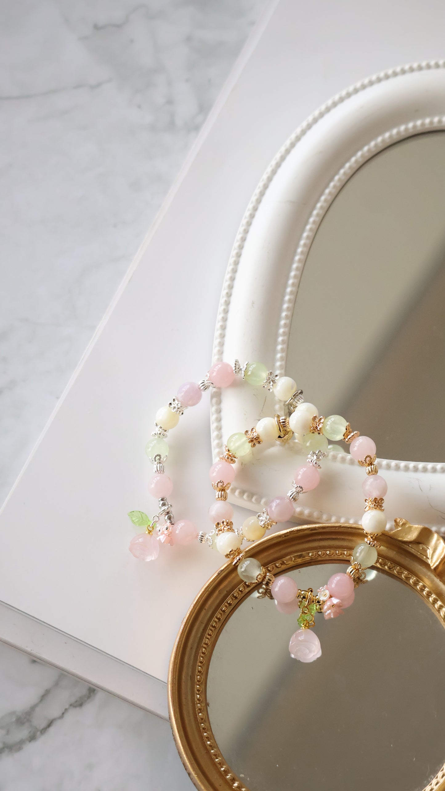 *Instocks* Prehnite, White Conch & Pink Purple Emerald Mica with Rose Quartz Dangly Rose & Bouquet Crystal Bracelet (Elastic)