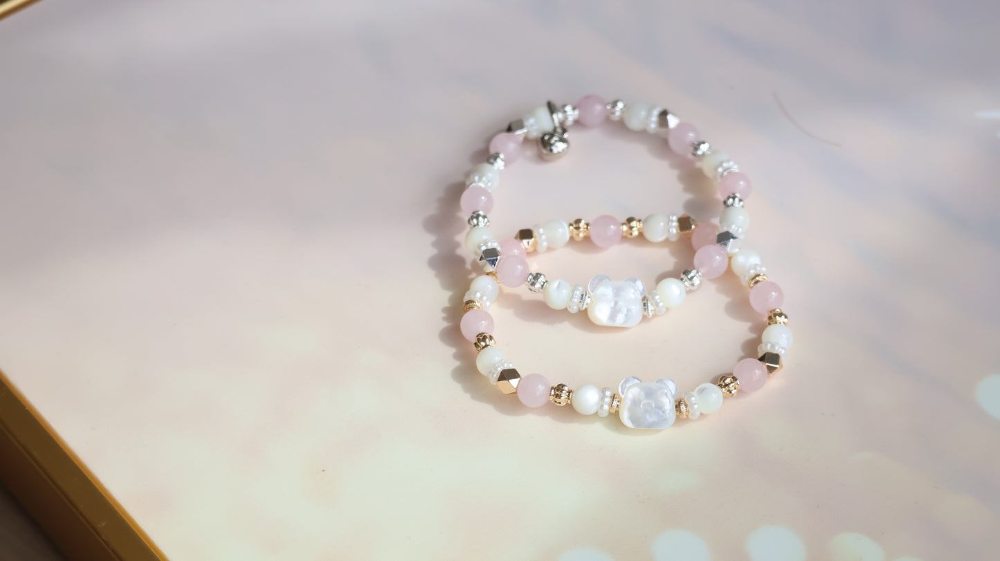 *Instocks* Rose Quartz & White Conch with White Conch Bear Crystal Bracelet (Elastic)