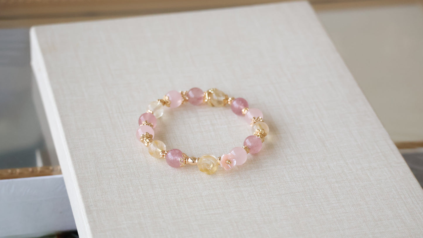 *Backorder* Rosie - Strawberry Quartz, Rose Quartz & Citrine with Citrine Rose Crystal Bracelet (Elastic)