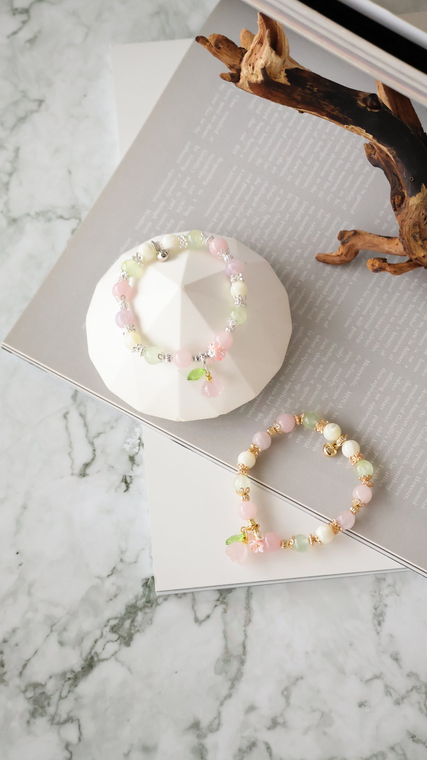 *Instocks* Prehnite, White Conch & Pink Purple Emerald Mica with Rose Quartz Dangly Rose & Bouquet Crystal Bracelet (Elastic)