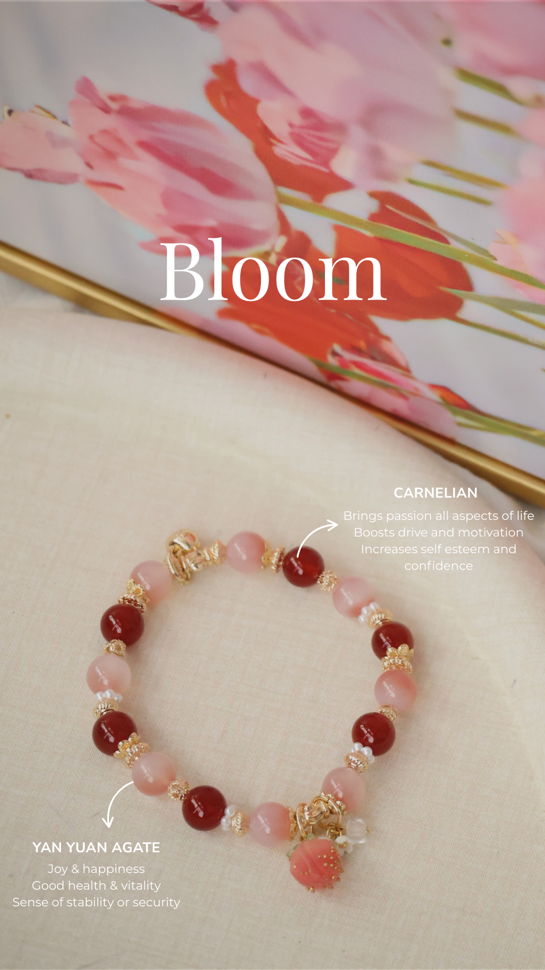 *Backorder* Bloom - Carnelian & Yan Yuan Agate with Bejeweled Strawberry Crystal Bracelet (Elastic)