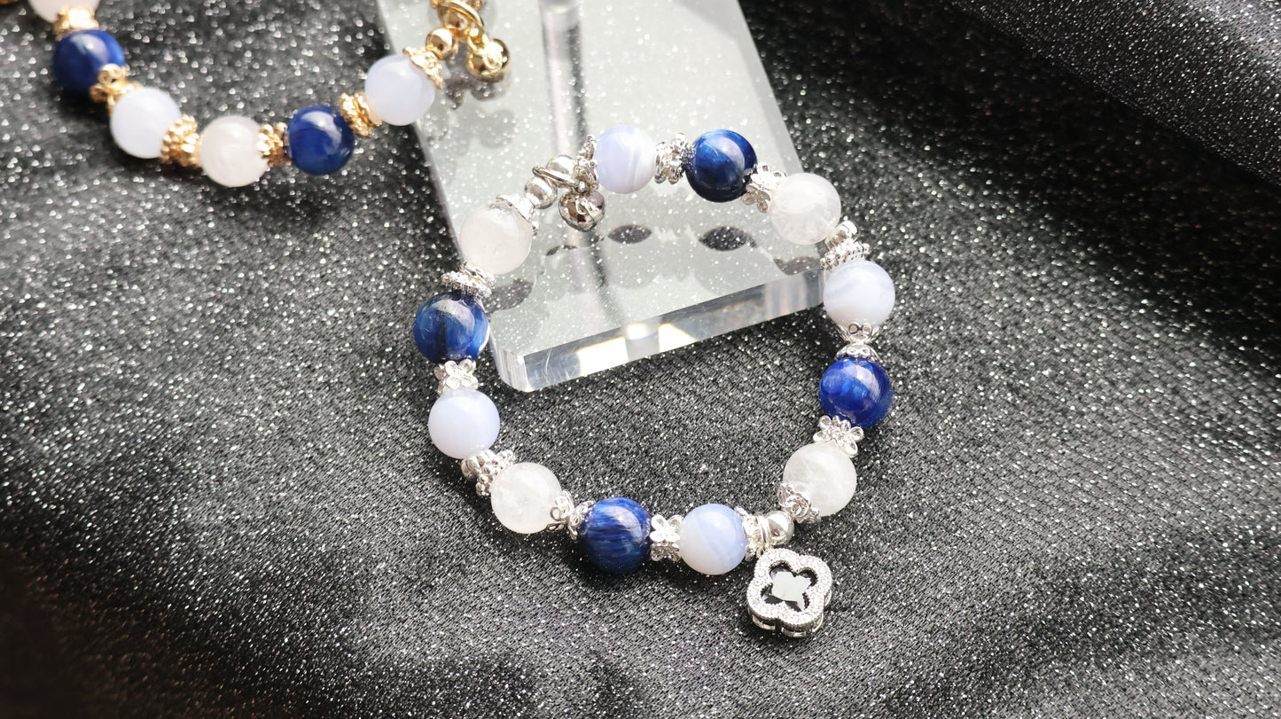 *Instocks* Cordelia Twin - Blue Kyanite, Blue Lace Agate & White Phantom Quartz with Sparkly Blue Clover Crystal Bracelet (Elastic)