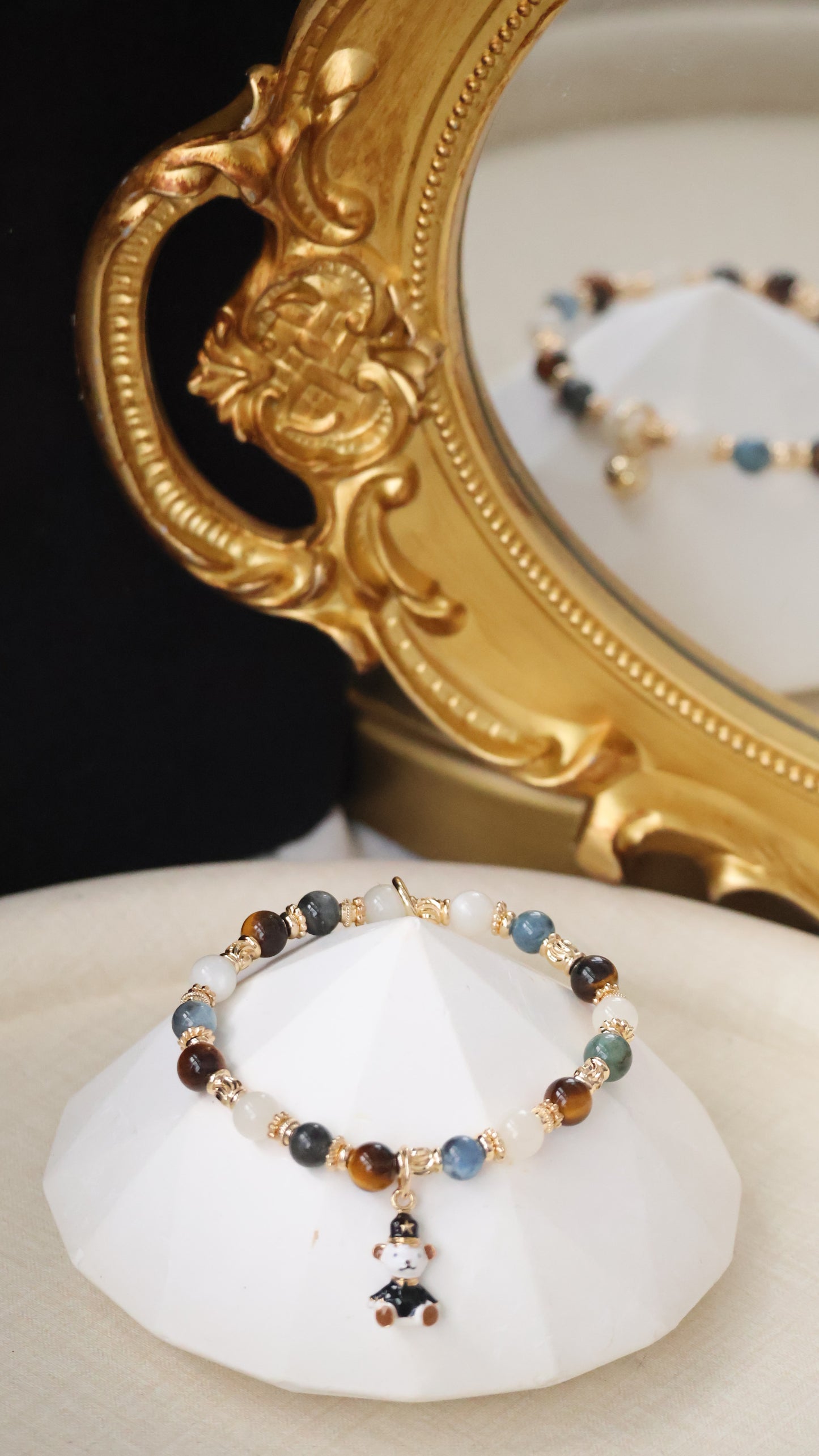 *Backorder* 6mm Polo RL - Devil Blue Aquamarine, Tiger's Eye & White Flash Moonstone with Bear Crystal Bracelet (Elastic)