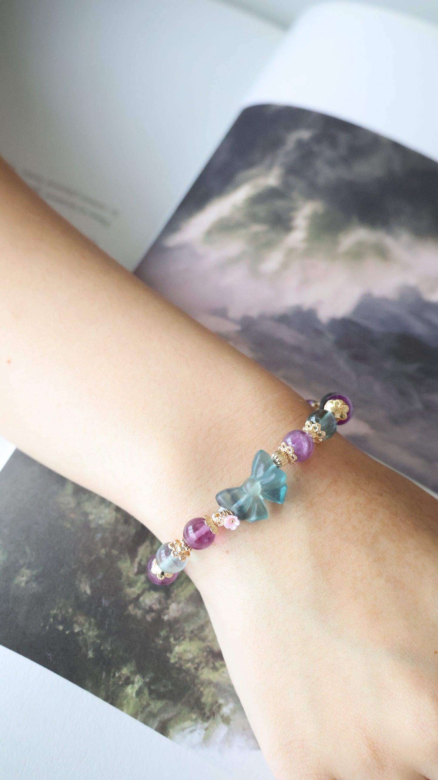 *Instocks* Blue Fluorite & Purple Fluorite with Blue Fluorite Bow Crystal Bracelet (Elastic)