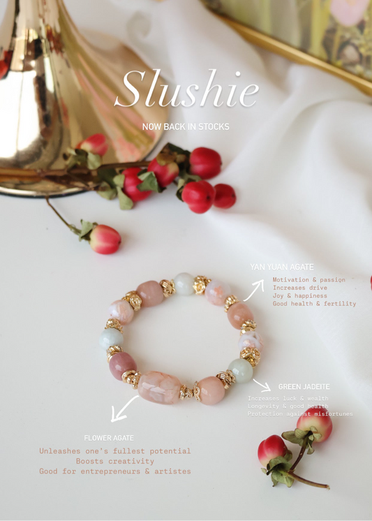 *Instocks* OG Slushie - Flower Agate Barrel Freeform, Light Green Jadeite, Flower Agate & Drum Pastel Yan Yuan Agate Crystal Bracelet (Elastic)