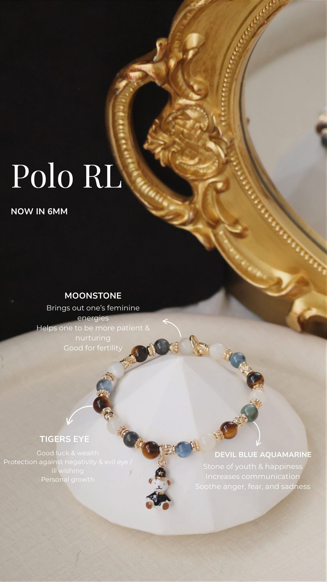 *Backorder* 6mm Polo RL - Devil Blue Aquamarine, Tiger's Eye & White Flash Moonstone with Bear Crystal Bracelet (Elastic)