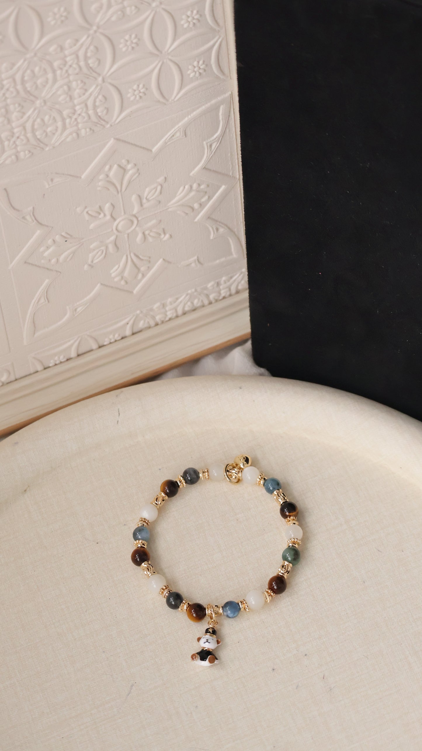 *Backorder* 6mm Polo RL - Devil Blue Aquamarine, Tiger's Eye & White Flash Moonstone with Bear Crystal Bracelet (Elastic)