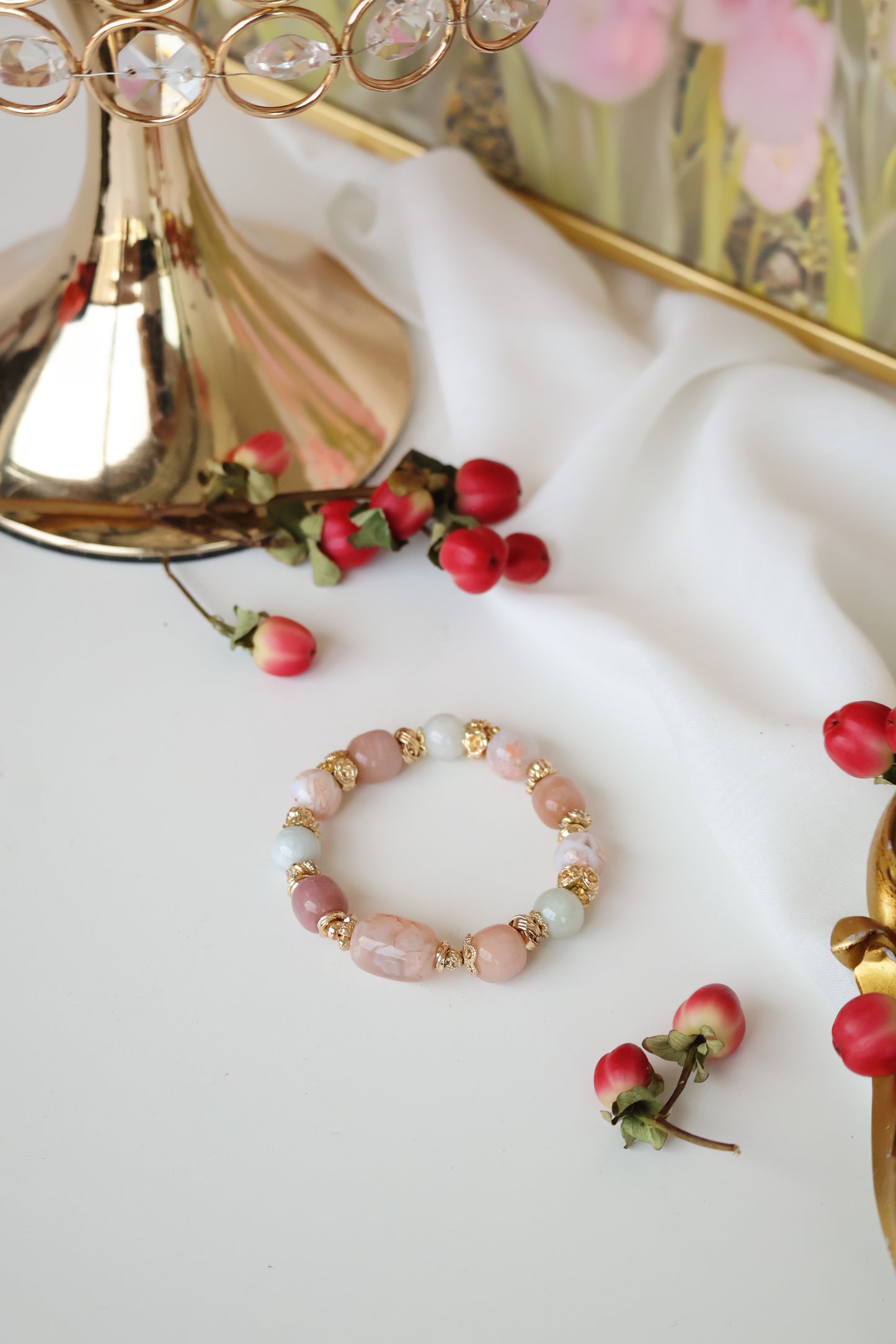 *Instocks* Slushie - Flower Agate Barrel Freeform, Light Green Jadeite, Flower Agate & Drum Pastel Yan Yuan Agate Crystal Bracelet (Elastic)