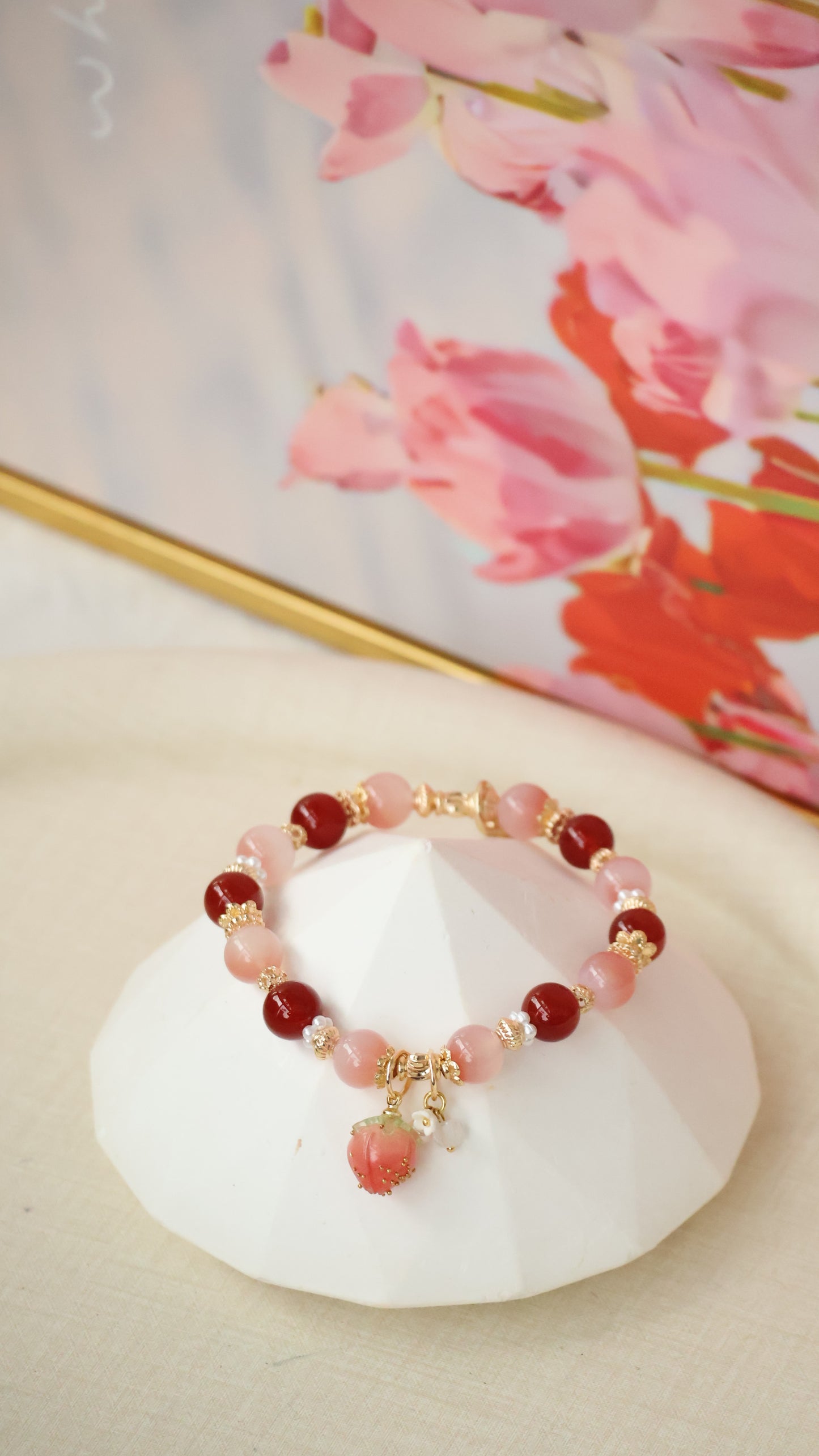 *Backorder* Bloom - Carnelian & Yan Yuan Agate with Bejeweled Strawberry Crystal Bracelet (Elastic)